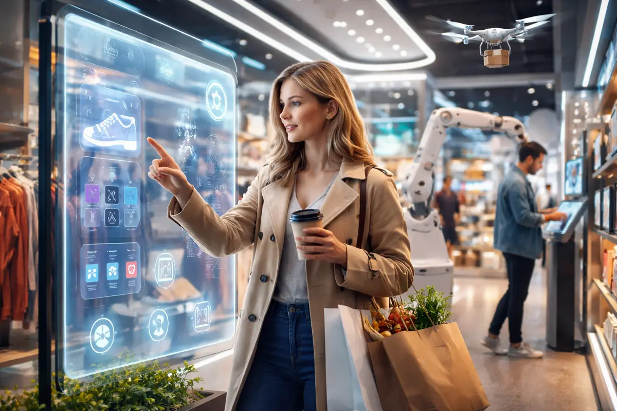 Kobieta korzystająca z interaktywnego ekranu podczas zakupów w nowoczesnym sklepie, przedstawiająca technologie przyszłości w handlu detalicznym.